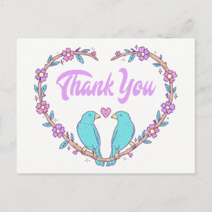 Cartão Postal Roxo Agradecimento Floral Coração Pombinhos Turque