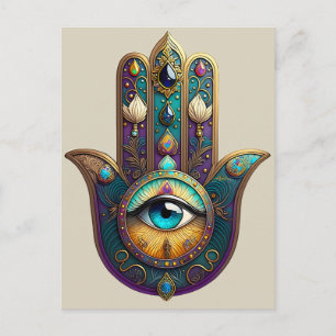 Cartão Postal Roxo Dourado Verde Água Hamsa c/ Terceiro Olho Tur