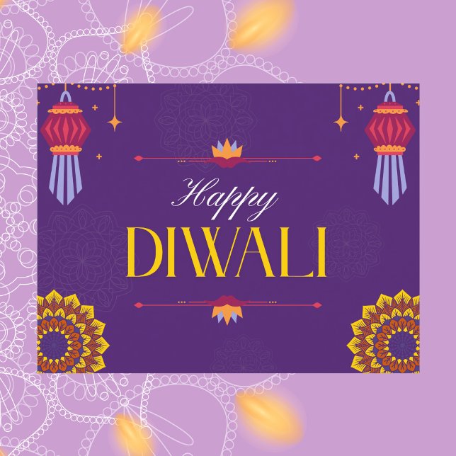 Cartão Postal Roxo Elegante e Lanternas Douradas Happy Diwali (Criador carregado)