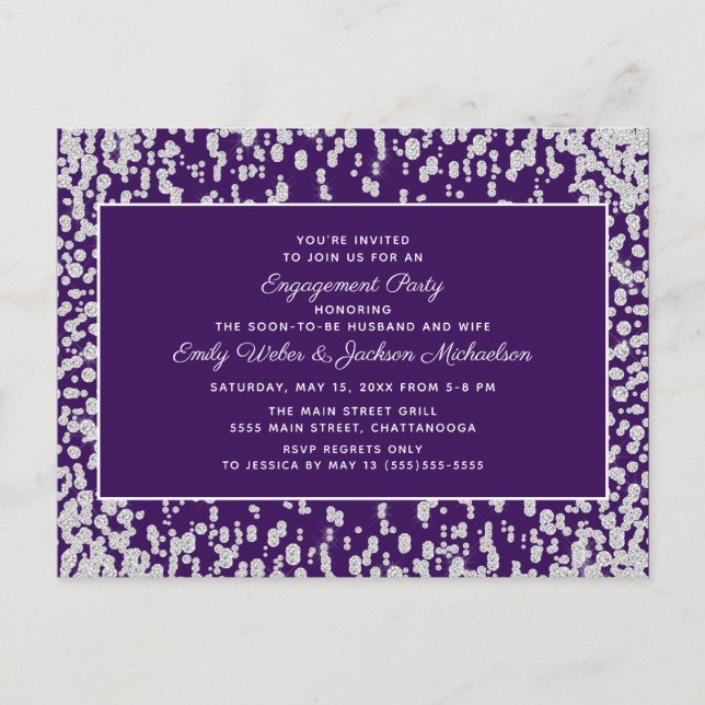 Cartão Postal Roxo Glamour Confete Engajamento Prata (Frente)