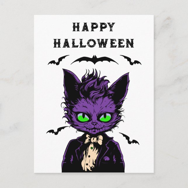 Cartão Postal Roxo Halloween Cat (Frente)