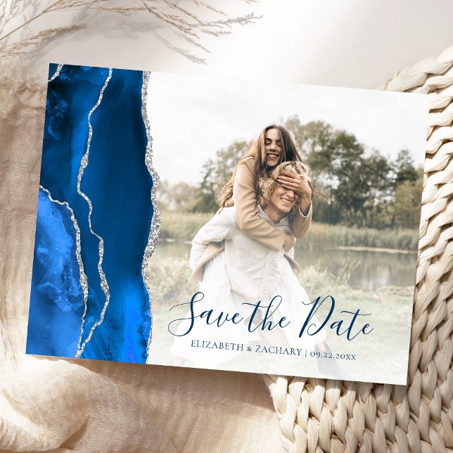 Cartão Postal Royal Blue Silver Agate Custom Photo Save the Date (Criador carregado)