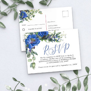 Cartão Postal RSPV Pré-Endereçado Blue Rose Elegante Quinceanera