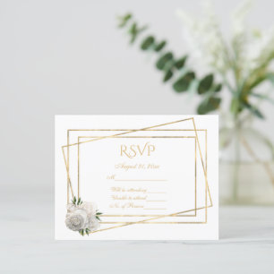 Cartão Postal RSVP Branco e Dourado com rosas brancas