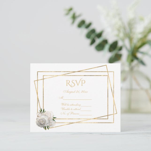 Cartão Postal RSVP Branco e Dourado com rosas brancas (Em pé/Frente)