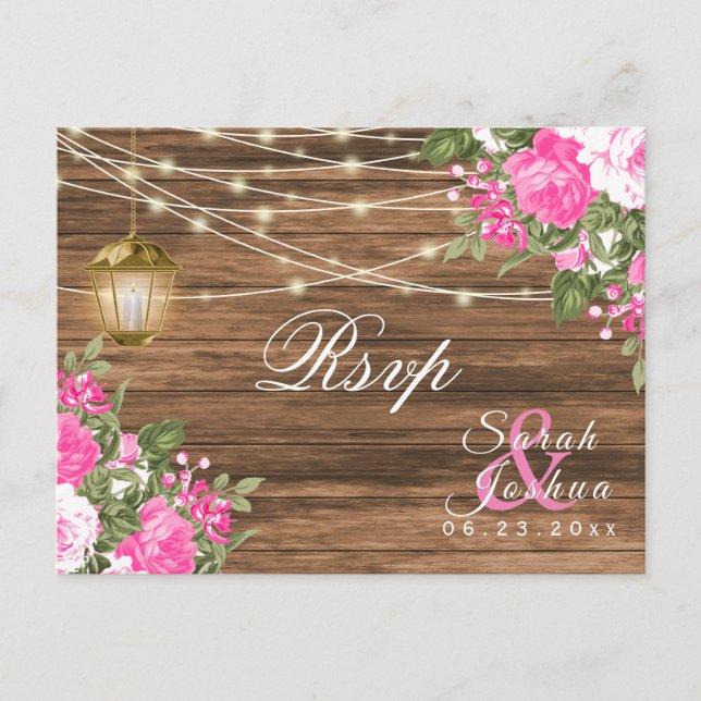 Cartão Postal RSVP - Casamento com Madeira, Lanterna e Flores Ro (Frente)