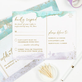 Cartão Postal RSVP de Arte Moderna Dourada da Lavanda Turquoise