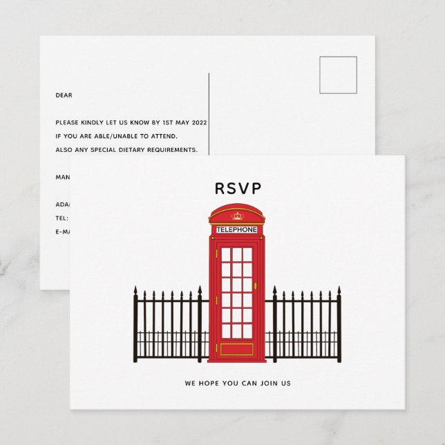Cartão Postal RSVP de Caixa de Telefone Vermelho (Frente/Verso)
