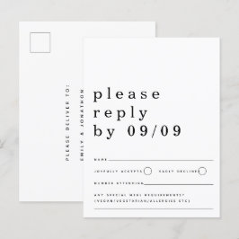 Cartão Postal RSVP de Casamento Branco Negro da Tipografia Minim