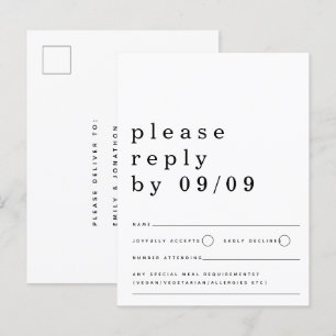 Cartão Postal RSVP de Casamento Branco Negro da Tipografia Minim