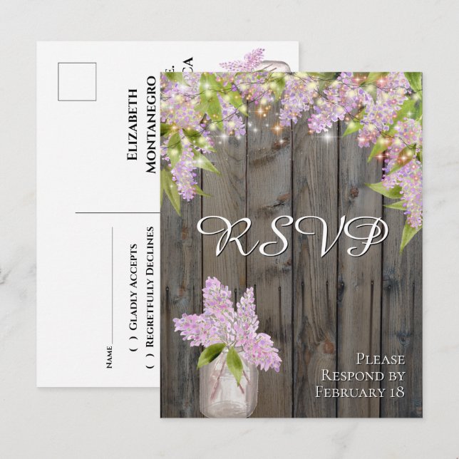 Cartão Postal RSVP de Casamento com Lilases Rústicas com Madeira (Frente/Verso)