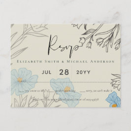 Cartão Postal RSVP de Casamento de Abstrato Floral Azul Moderno