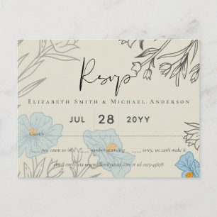 Cartão Postal RSVP de Casamento de Abstrato Floral Azul Moderno