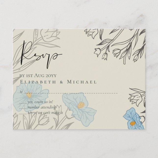 Cartão Postal RSVP de Casamento de Abstrato Floral Azul Moderno (Frente)