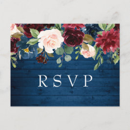 Cartão Postal RSVP de Casamento de Aquarela Azul Blush Marinho B