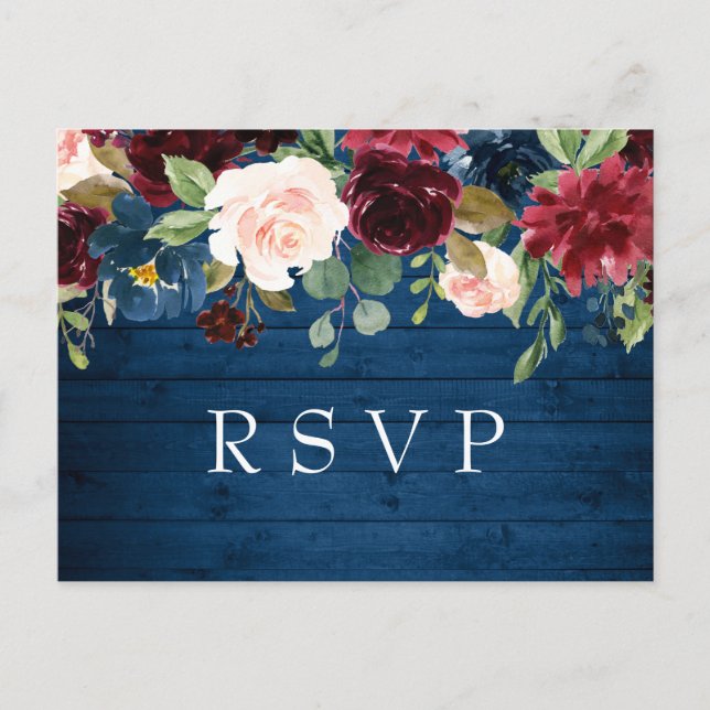 Cartão Postal RSVP de Casamento de Aquarela Azul Blush Marinho B (Frente)