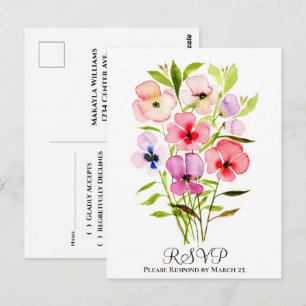 Cartão Postal RSVP de Casamento de Buquê Floral Colorida Waterc