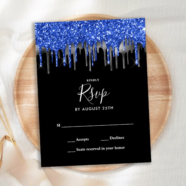 Cartão Postal RSVP de Casamento de Drives de Glitter Azul Elegan (Criador carregado)