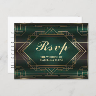 Cartão Postal RSVP de Casamento de Emerald Green Roaring 20s