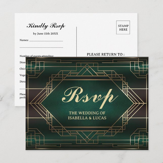 Cartão Postal RSVP de Casamento de Emerald Green Roaring 20s (Frente/Verso)
