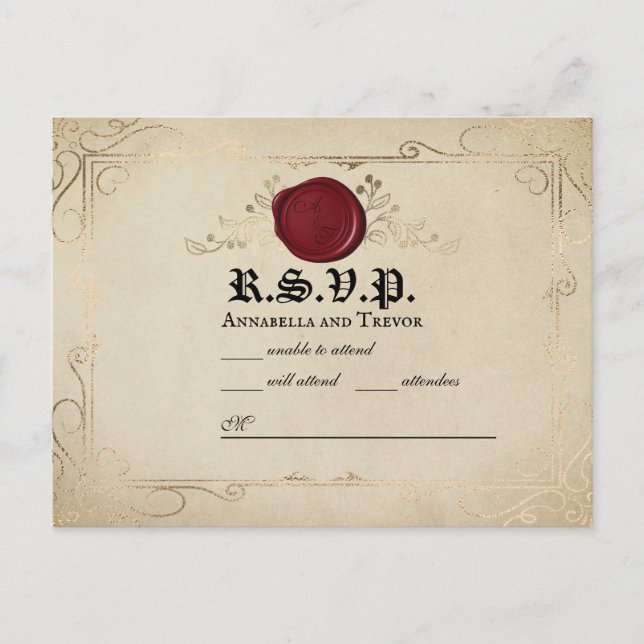 Cartão Postal RSVP de Casamento de Fairytale de Wax Seal de Perg (Frente)