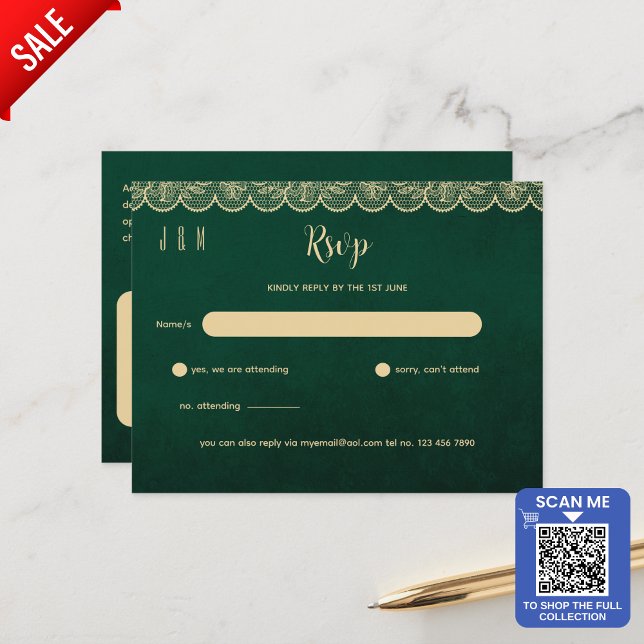 Cartão Postal RSVP De Casamento De Lugar Dourado Verde Para Comp (Criador carregado)