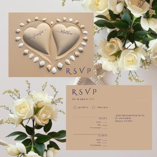 Cartão Postal RSVP de Casamento de Praia - Corações de Areia