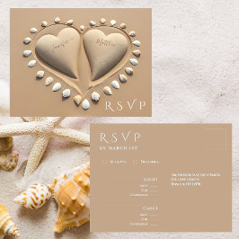Cartão Postal RSVP de Casamento de Praia - Corações de Areia