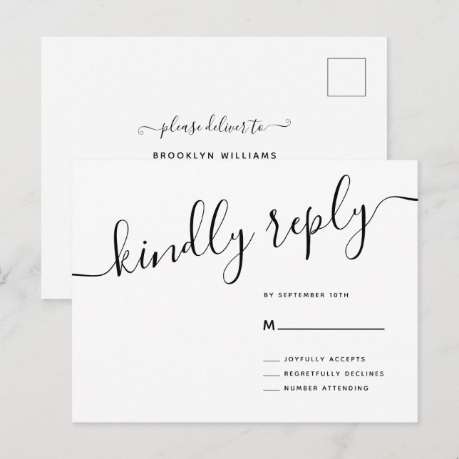 Cartão Postal RSVP de Casamento de Resposta Rápida de Script Cas (Frente/Verso)