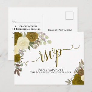 Cartão Postal RSVP de Casamento de Rosas de Aquarela Dourada Ele
