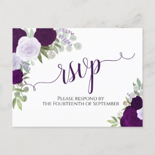 Cartão Postal RSVP de Casamento de Rosas de Aquarela Roxo Elegan