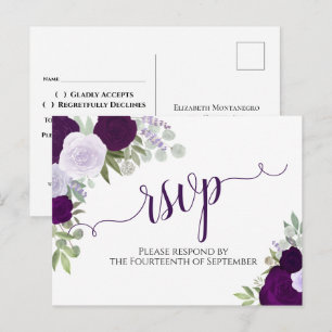 Cartão Postal RSVP de Casamento de Rosas de Aquarela Roxo Elegan