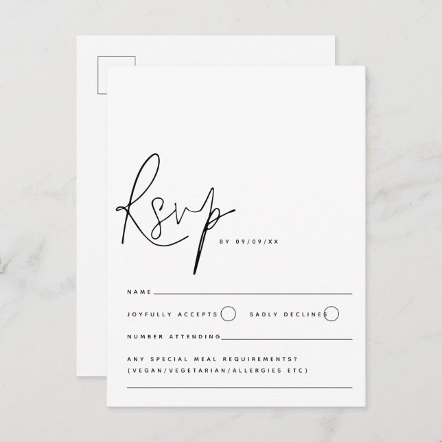 Cartão Postal RSVP de Casamento de Script Branco Negro Minimalis (Frente/Verso)