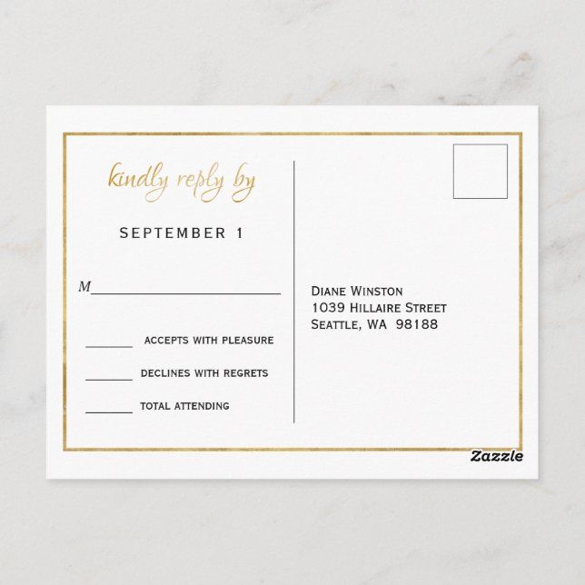 Cartão Postal RSVP de Casamento de Script Dourado Elegante (Verso)