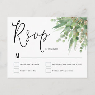 Cartão Postal RSVP de Casamento de Script Eucalyptus Dourado Ver
