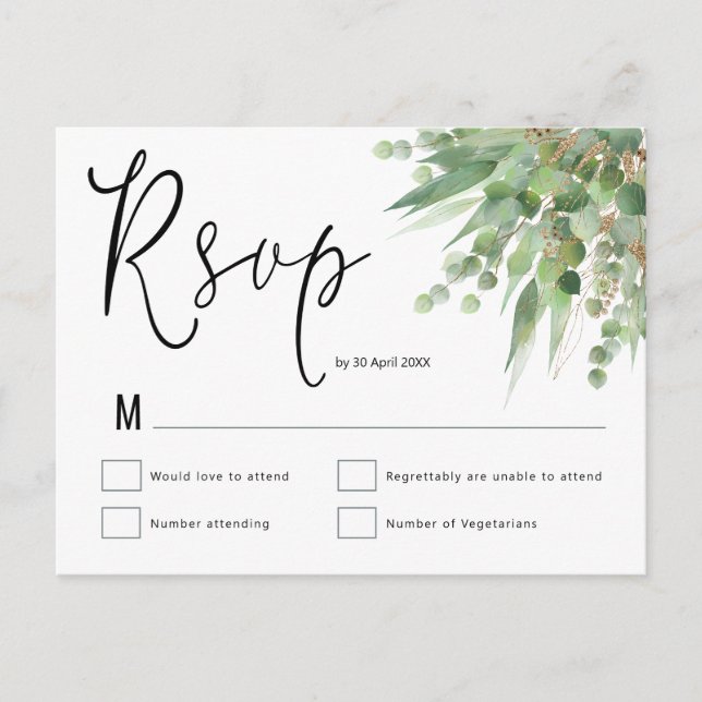 Cartão Postal RSVP de Casamento de Script Eucalyptus Dourado Ver (Frente)