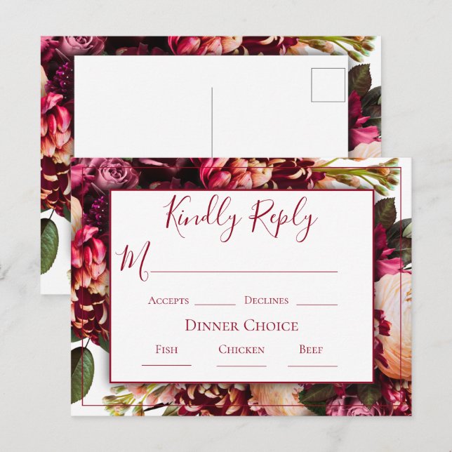 Cartão Postal RSVP de Casamento de Script Floral Rosa-Rosa-Rosa- (Frente/Verso)