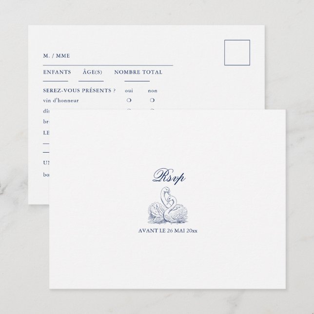 Cartão Postal RSVP de Casamento de Swans de Amor Descrito Minima (Frente/Verso)
