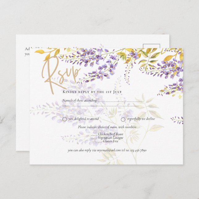 Cartão postal RSVP de Casamento Dourado de Wisteri (Frente/Verso)