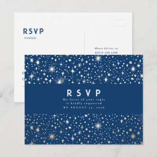 Cartão Postal RSVP de Casamento Dourado e Azul da Noite Estrelad