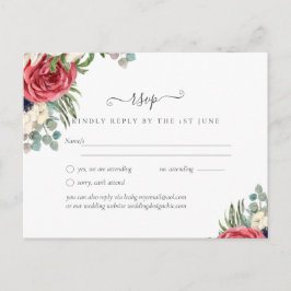 Cartão Postal RSVP de Casamento Floral Azul Branco Azul