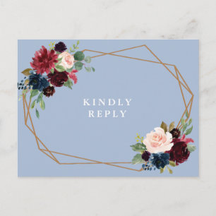 Cartão Postal RSVP de casamento floral azul empoeirado 