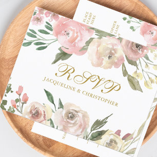 Cartão Postal RSVP de Casamento Floral Dourado Cor-de-rosa-rosa-