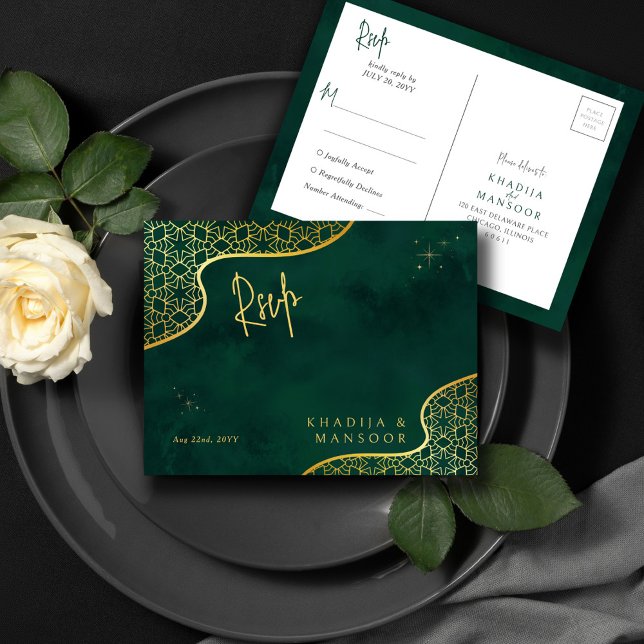 Cartão Postal RSVP de Casamento Glitter Dourado Real Emerald Gre (Criador carregado)
