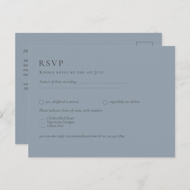 Cartão Postal RSVP de Casamento Monocromático Azul Dusty (Frente/Verso)
