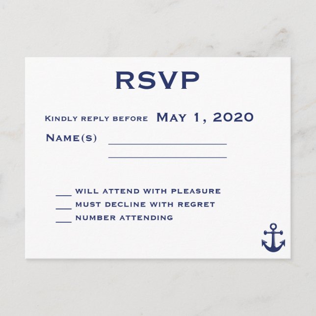 Cartão postal RSVP de Casamento Náutico Azul marin (Frente)