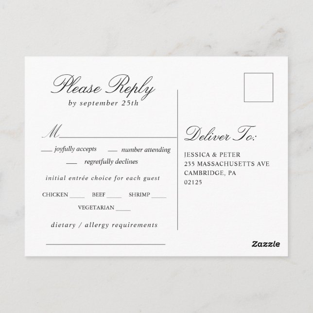 Cartão Postal RSVP de Casamento Negro e Branco Simplesmente Eleg (Verso)