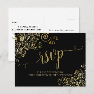 Cartão Postal RSVP de Casamento Negro Elegante da Calliografia D