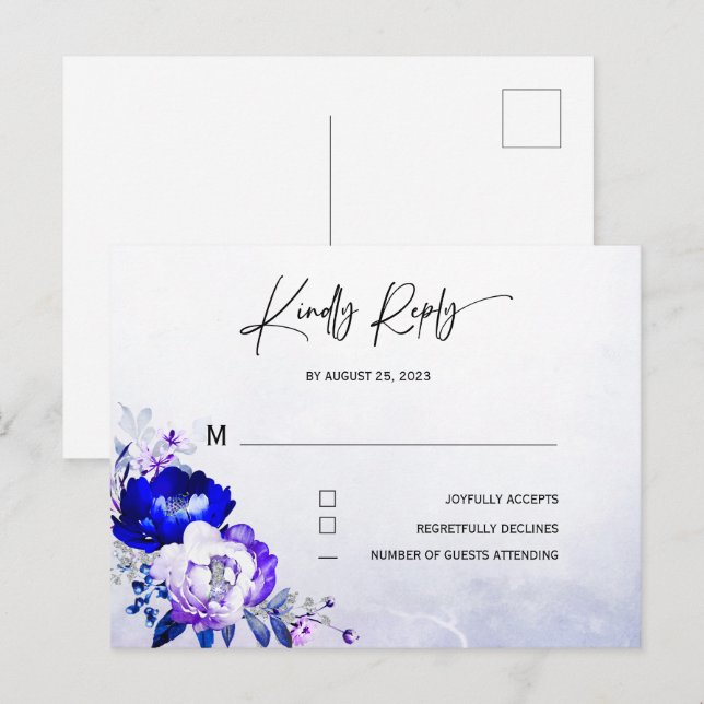 Cartão Postal RSVP de Casamento Real Azul e Púrpura (Frente/Verso)