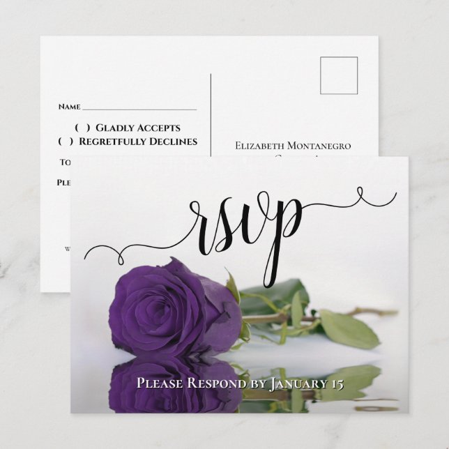 Cartão Postal RSVP de Casamento Rosa Romântico Profundo Roxo Ref (Frente/Verso)